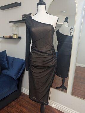 Lulus Enticing Perfection Black And Beige Mesh One-shoulder Midi Dress - Size S